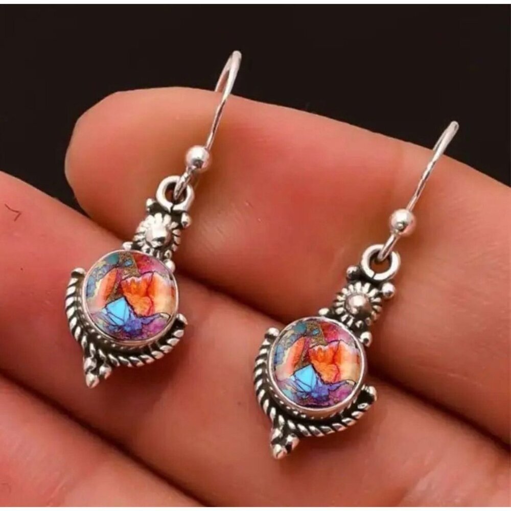 Vintage Silver Drop Earrings Aurora Borealis Crystal Iridescent Boho Dangle - Picture 2 of 5
